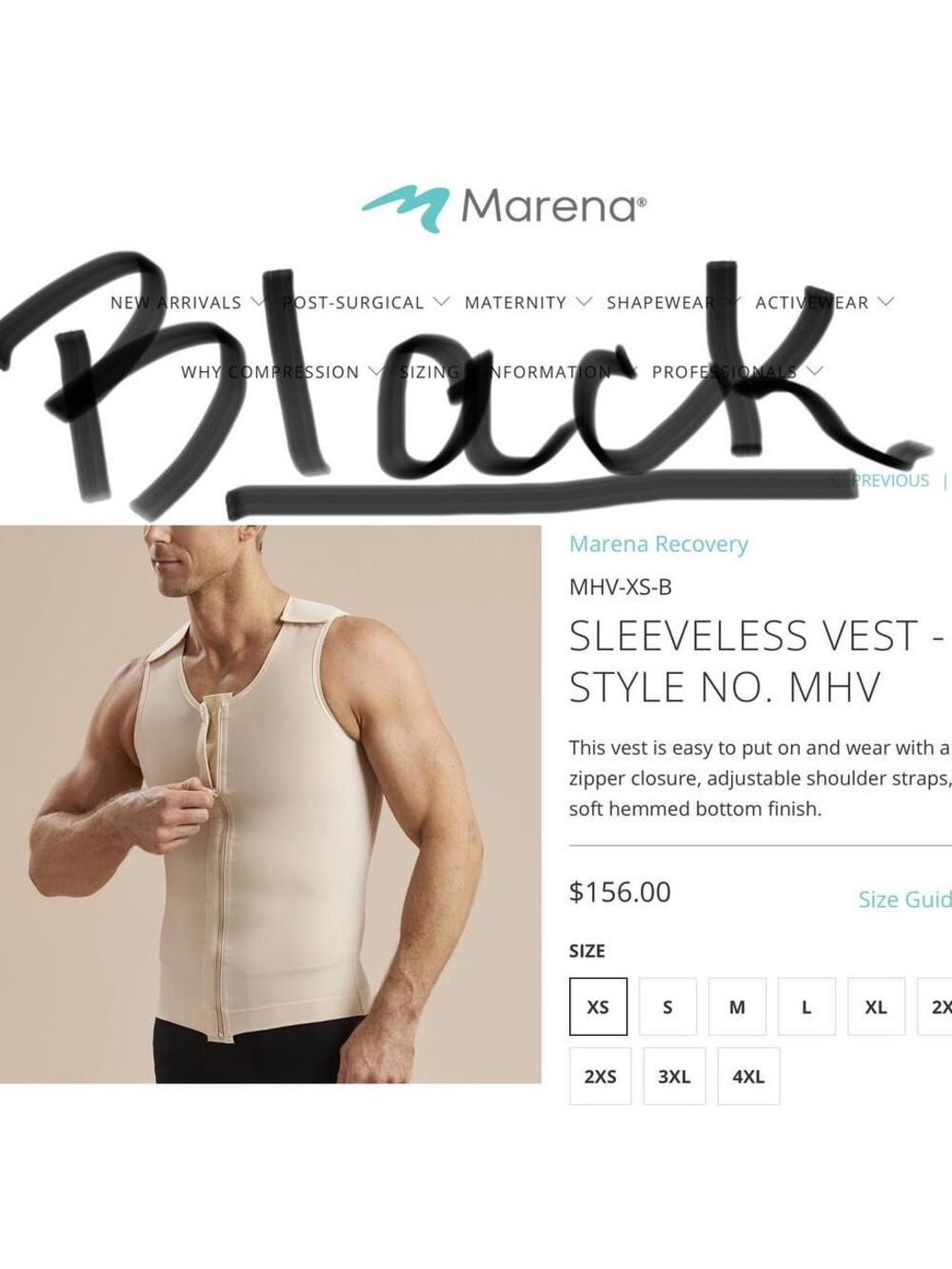 New? $156 BLACK Marena Recovery Post Surgical SLEEVELESS VEST  Size 4X